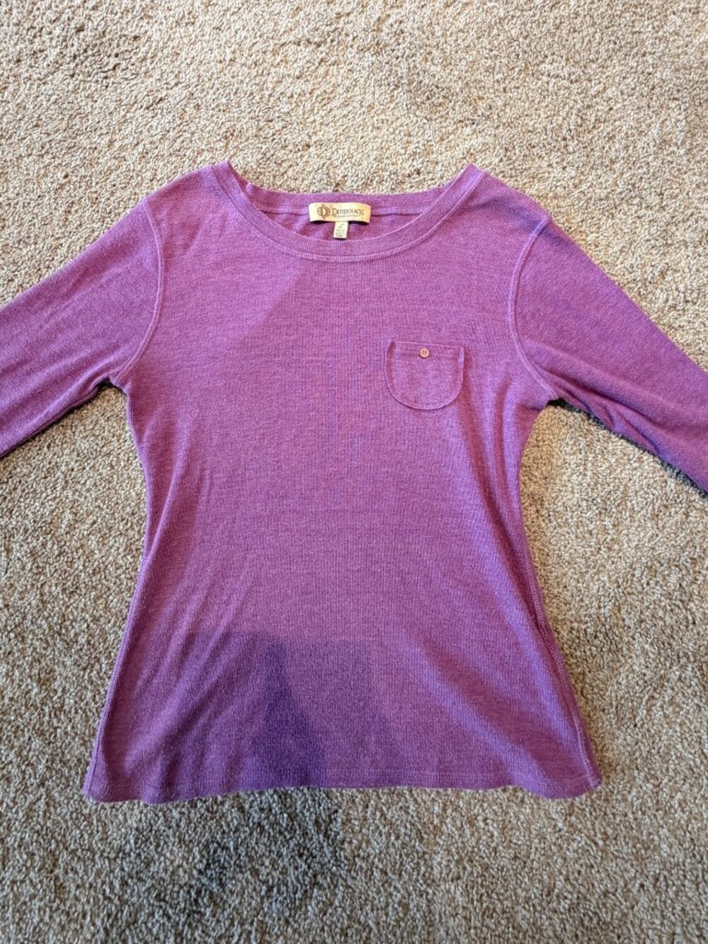 Democracy Purple 3/4 Sleeve Knit Tee L Soft Pocket Top Casual USA Made